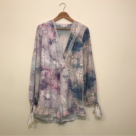 Free the Roses Pants - Free the Roses Pastel Lace Romper Long Sleeve Tassels Polyester Purple Small